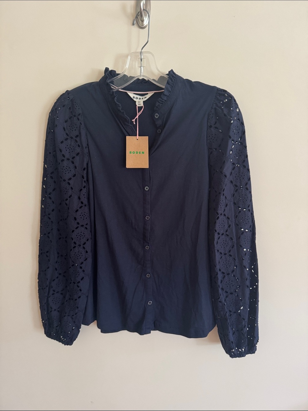 Boden Navy Eyelet-Sleeve Button-Front Ruffle Collar Shirt